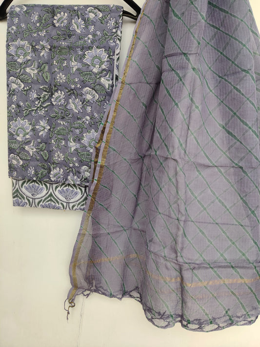 BLOCK PRINTED COTTON SUIT WITH LEHRIYA KOTA DORIA DUPATTA