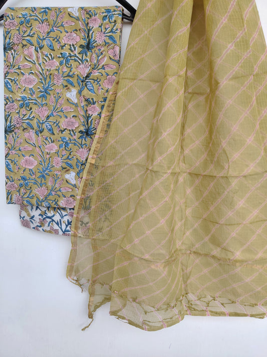 BLOCK PRINTED COTTON SUIT WITH LEHRIYA KOTA DORIA DUPATTA