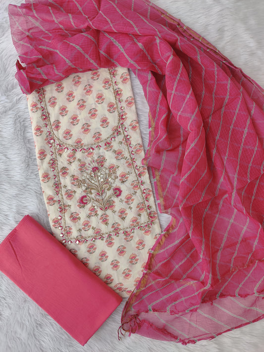 JAIPURI PRINTED GOTA PATTI NECK WORK SUITS WITH LEHRIYA KOTA DORIA DUPATTA