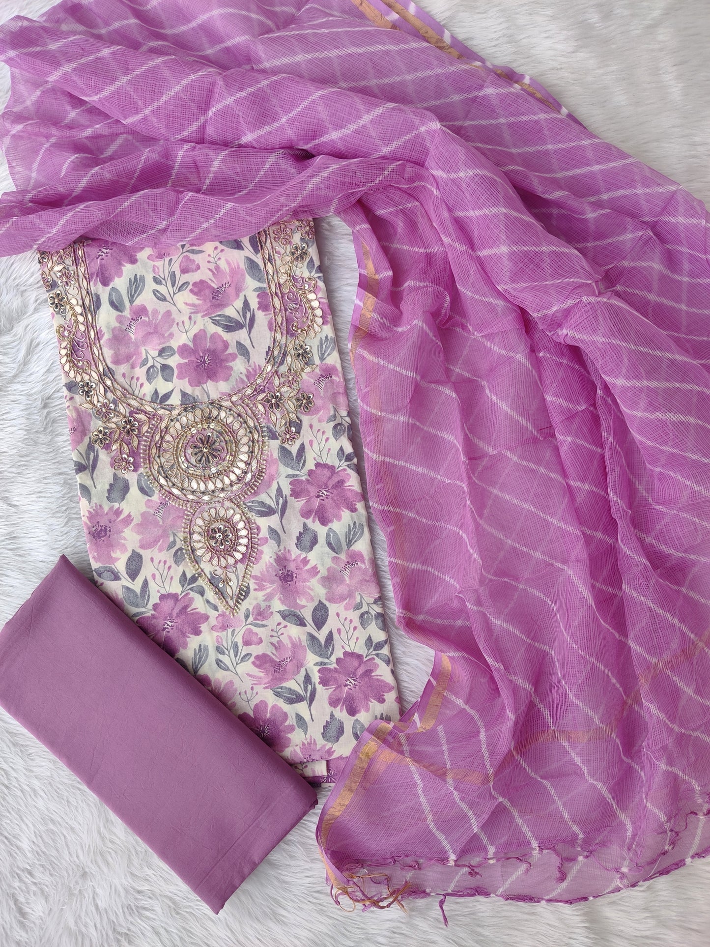 JAIPURI PRINTED GOTA PATTI NECK WORK SUITS WITH LEHRIYA KOTA DORIA DUPATTA