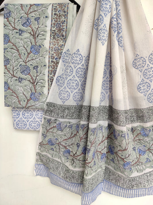 Block Printed Cotton Suit with Mulmul dupatta
