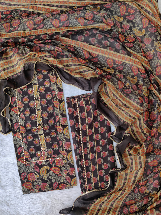 Cotton Printed Neck Work Suits with mulmul dupatta
