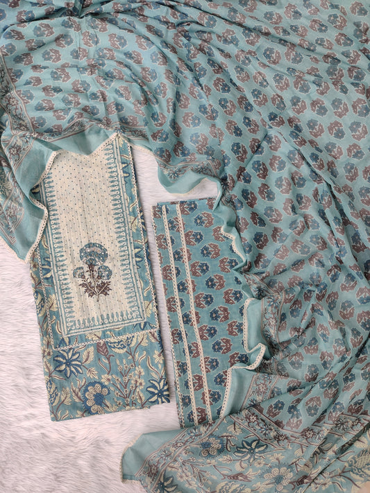 Cotton Printed Neck Work Suits with mulmul dupatta