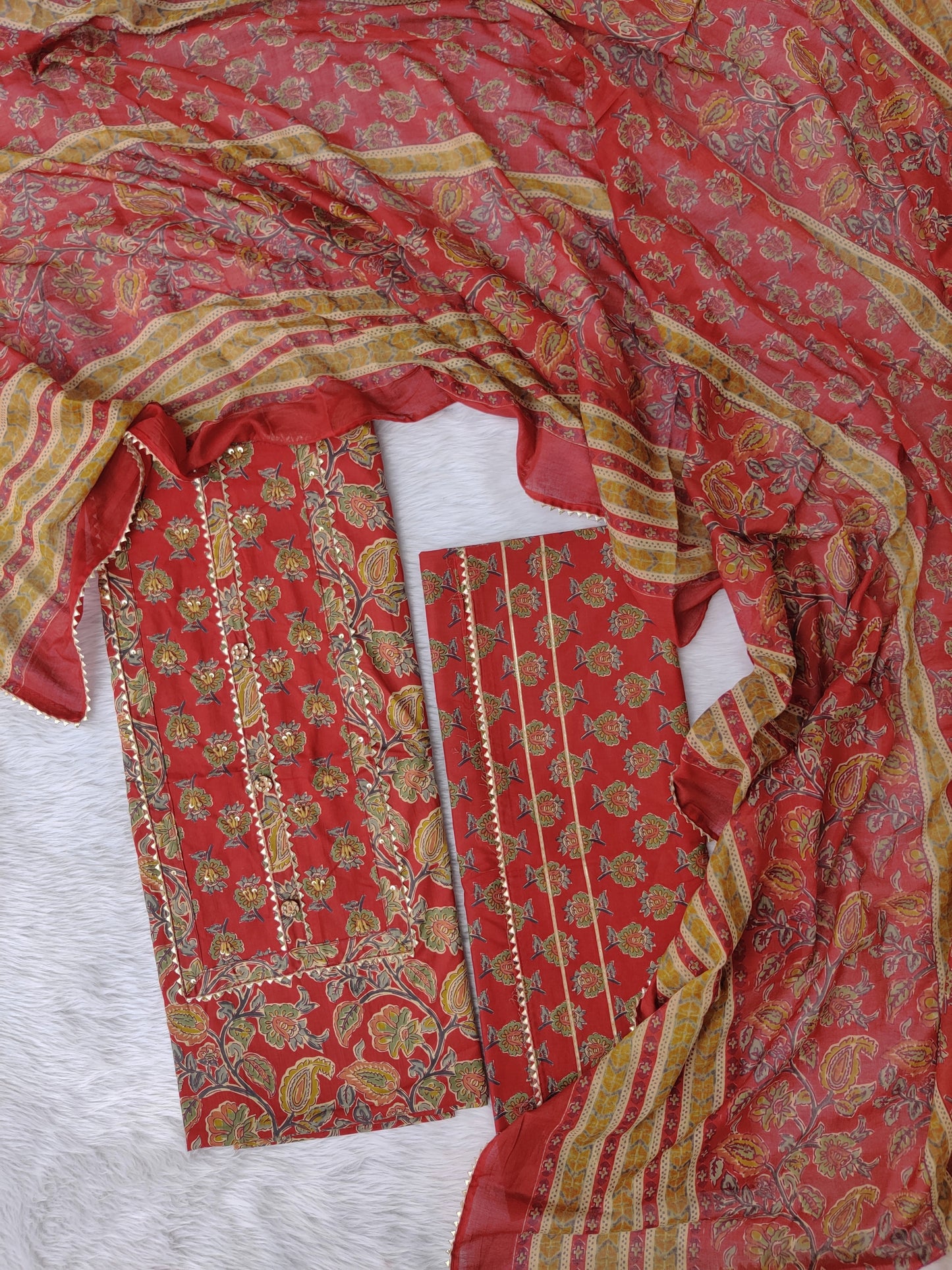 Cotton Printed Neck Work Suits with mulmul dupatta