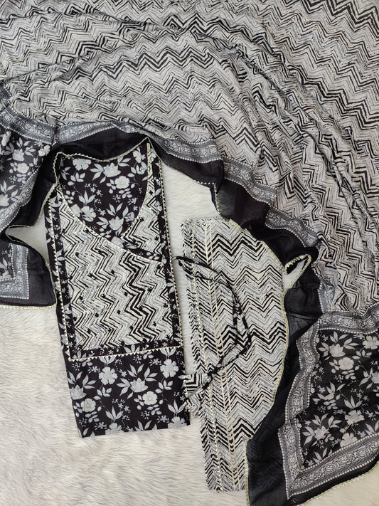 Cotton Printed Neck Work Suits with mulmul dupatta
