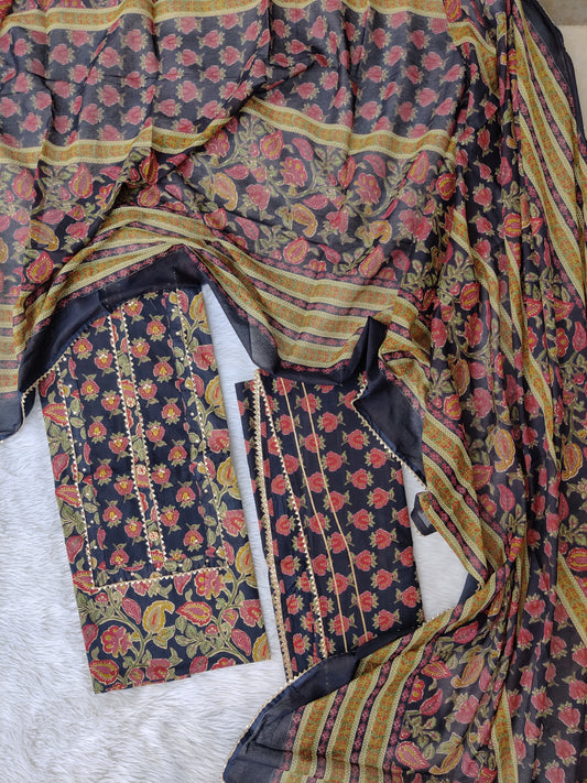 Cotton Printed Neck Work Suits with mulmul dupatta