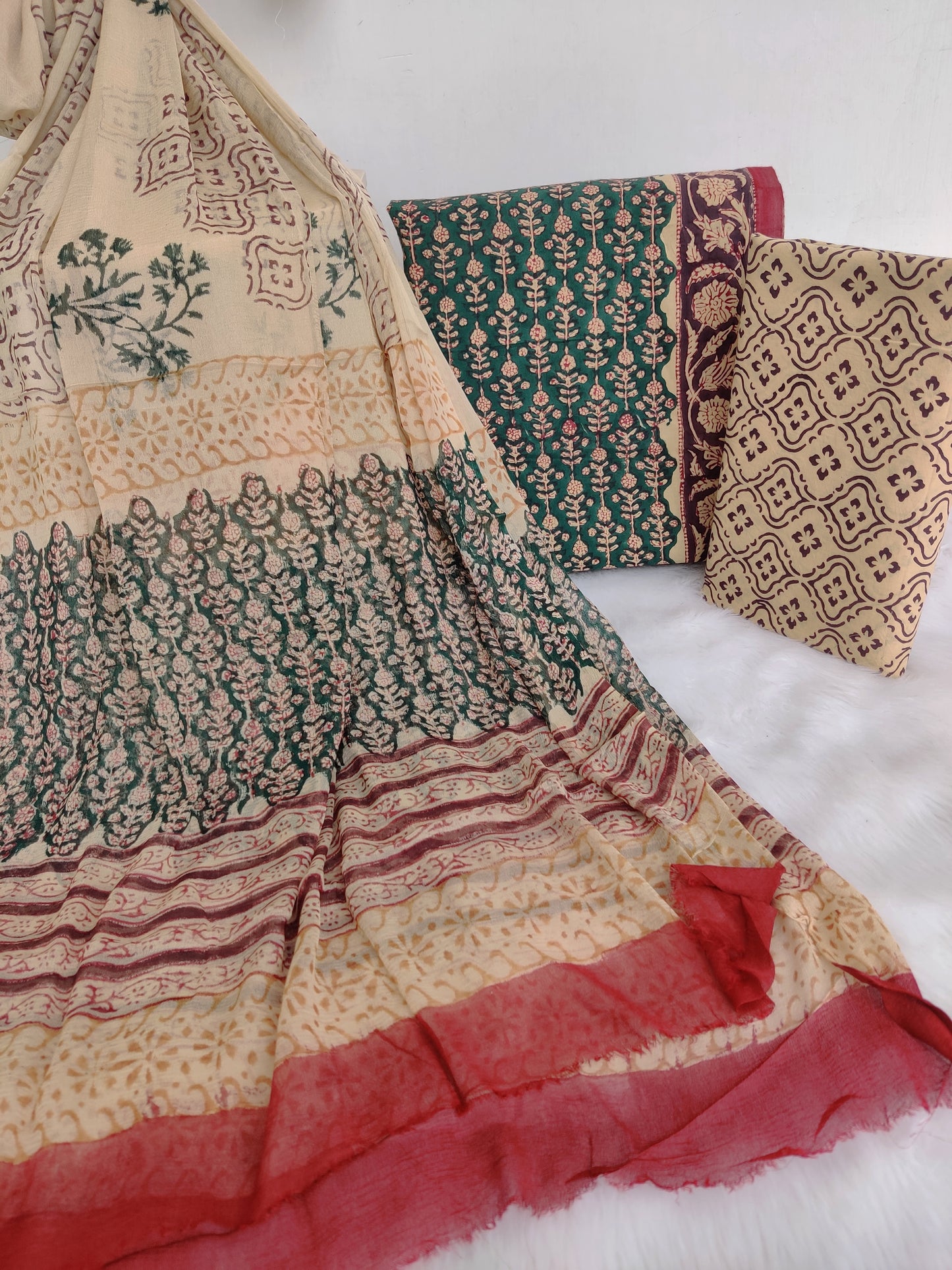 (KALAMKARI) HAND BLOCK PRINTED COTTON SUIT WITH PURE CHIFFON DUPATTA