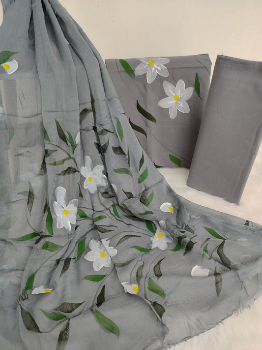 HAND PAINTED COTTON SUIT WITH PURE CHIFFON DUPATTA