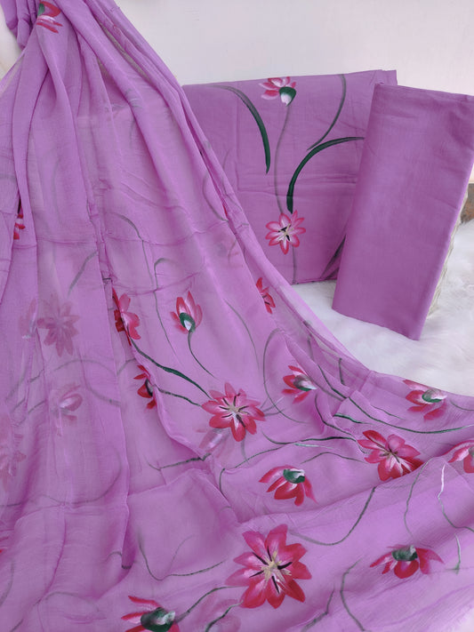 HAND PAINTED COTTON SUIT WITH PURE CHIFFON DUPATTA