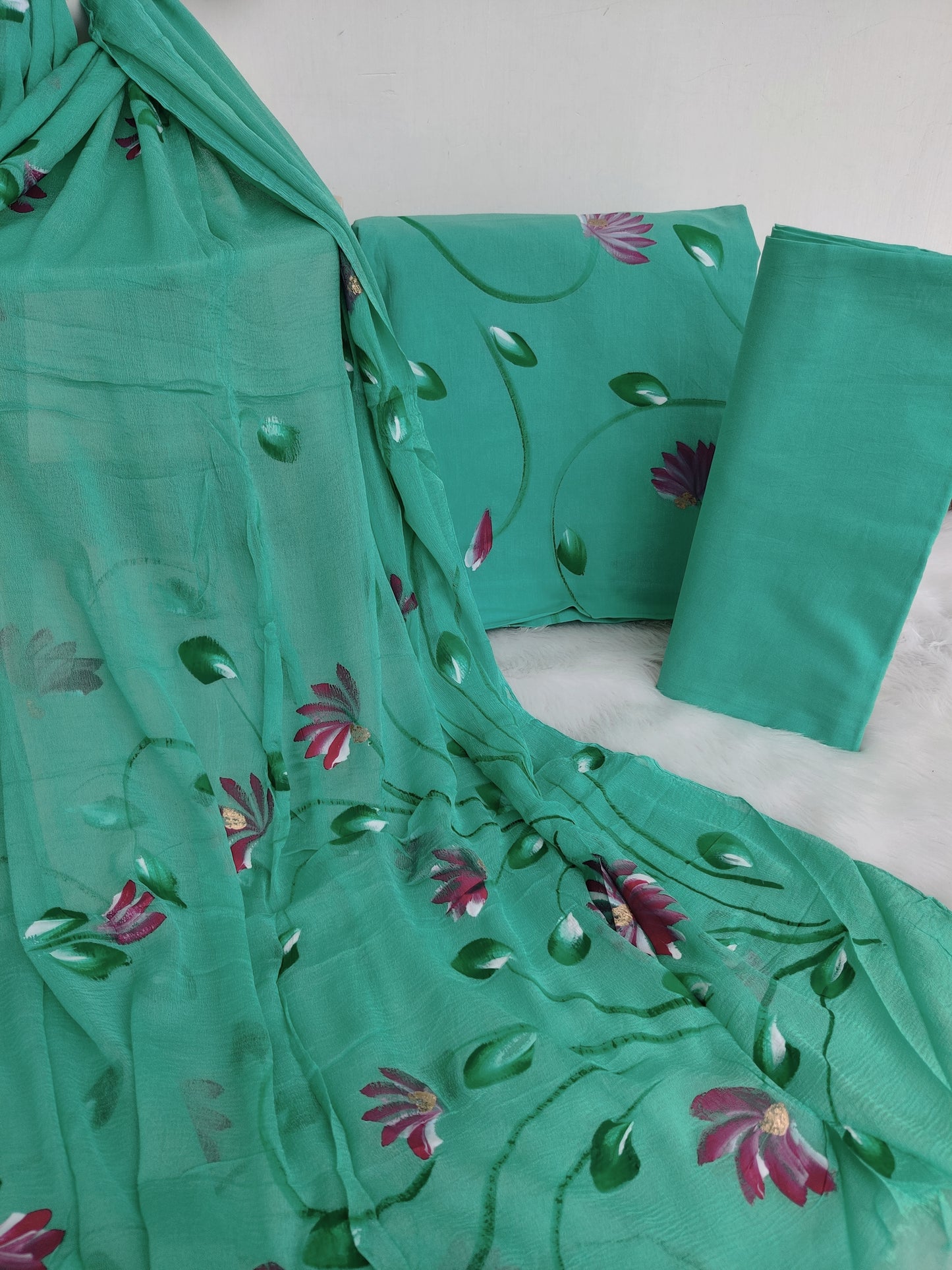 HAND PAINTED COTTON SUIT WITH PURE CHIFFON DUPATTA