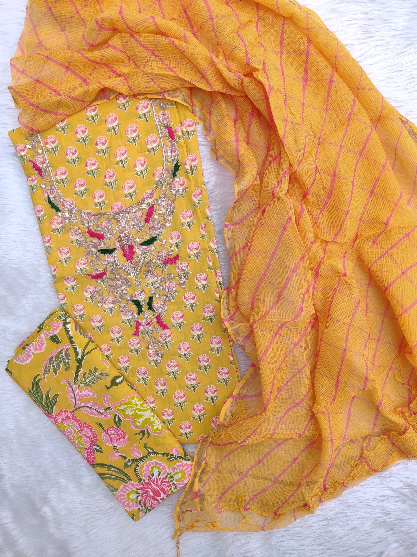 JAIPURI PRINTED GOTA PATTI NECK WORK SUITS WITH LEHRIYA KOTA DORIA DUPATTA