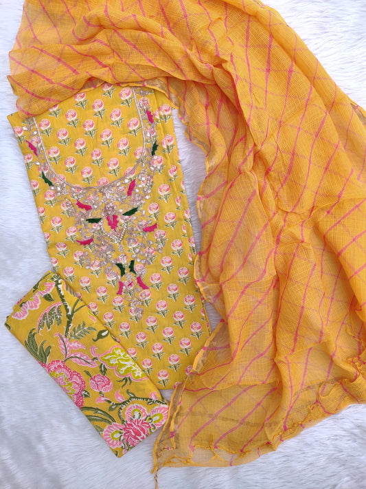 JAIPURI PRINTED GOTA PATTI NECK WORK SUITS WITH LEHRIYA KOTA DORIA DUPATTA