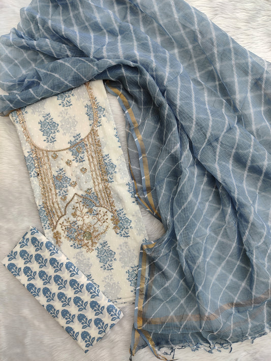 JAIPURI PRINTED GOTA PATTI NECK WORK SUITS WITH LEHRIYA KOTA DORIA DUPATTA