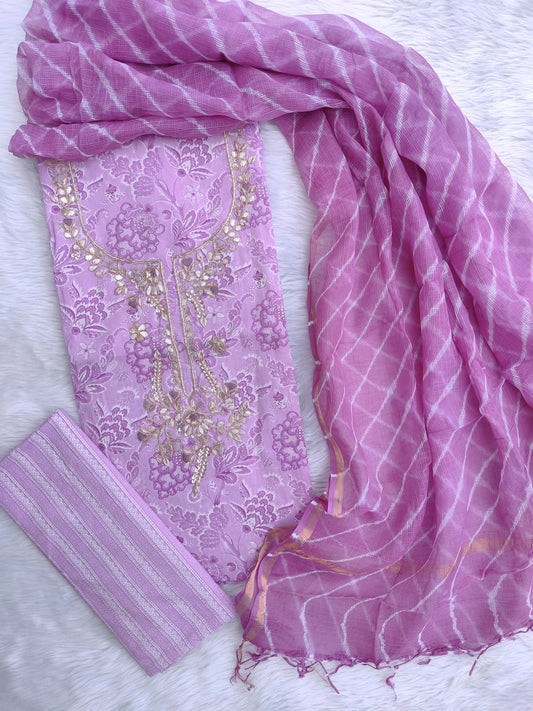 JAIPURI PRINTED GOTA PATTI NECK WORK SUITS WITH LEHRIYA KOTA DORIA DUPATTA