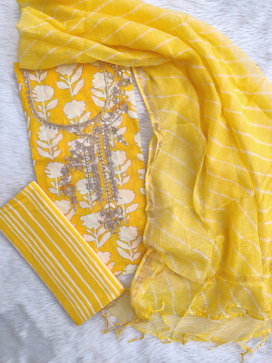 JAIPURI PRINTED GOTA PATTI NECK WORK SUITS WITH LEHRIYA KOTA DORIA DUPATTA