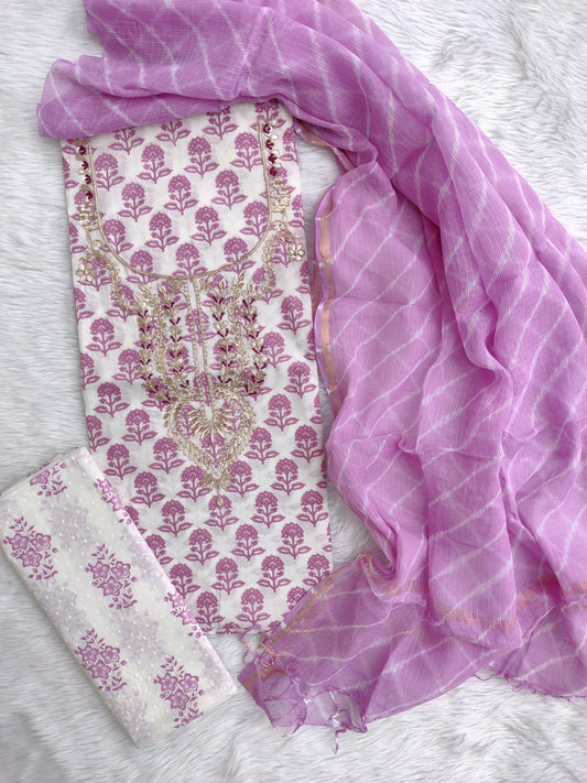 JAIPURI PRINTED GOTA PATTI NECK WORK SUITS WITH LEHRIYA KOTA DORIA DUPATTA
