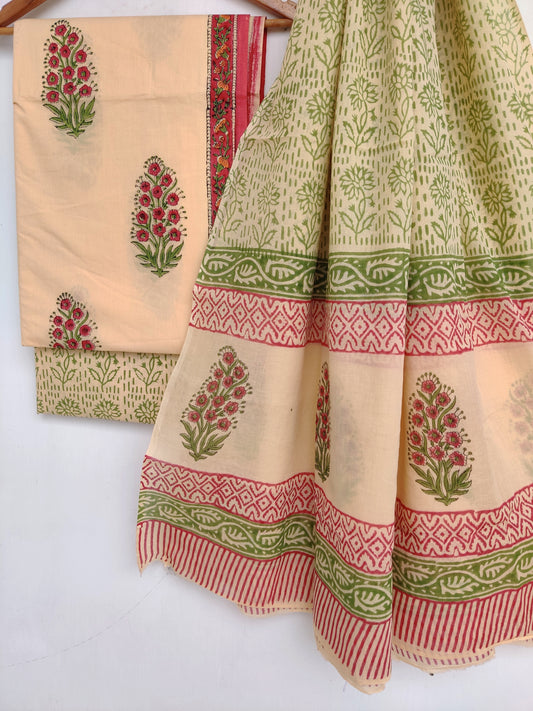 Hand Block Printed Cotton Suit With Mulmul Cotton Dupatta