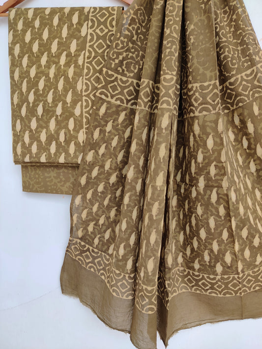 (DABU) Hand Block Printed Cotton Suit With Mulmul Cotton Dupatta