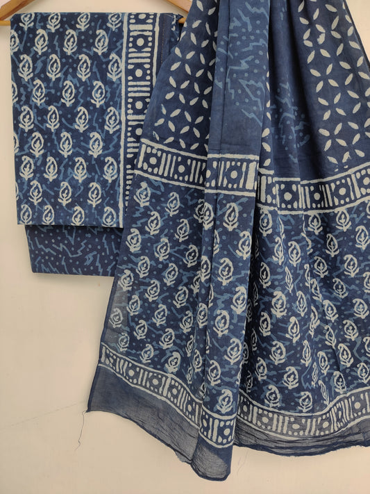 (DABU) Hand Printed Cotton Suit With Mulmul Cotton Dupatta