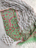 HANDBLOCK PRINTED NECK WORK SUITS WITH KOTA DORIA DUPATTA