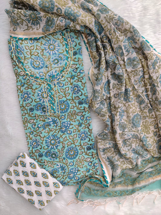 HANDBLOCK PRINTED NECK WORK SUITS WITH KOTA DORIA DUPATTA