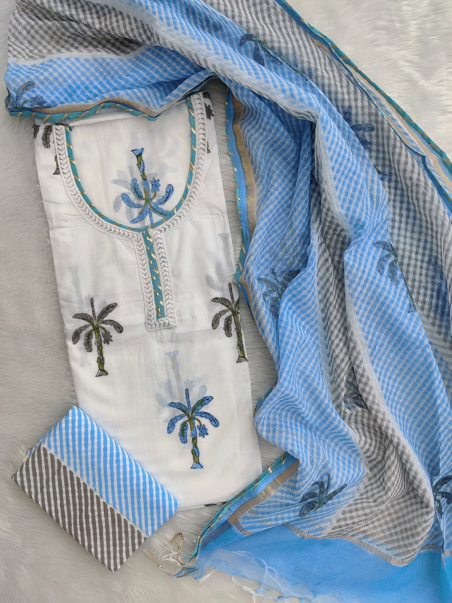 HANDBLOCK PRINTED NECK WORK SUITS WITH KOTA DORIA DUPATTA