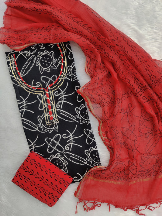 HANDBLOCK PRINTED NECK WORK SUITS WITH KOTA DORIA DUPATTA