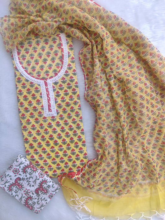 HANDBLOCK PRINTED NECK WORK SUITS WITH KOTA DORIA DUPATTA