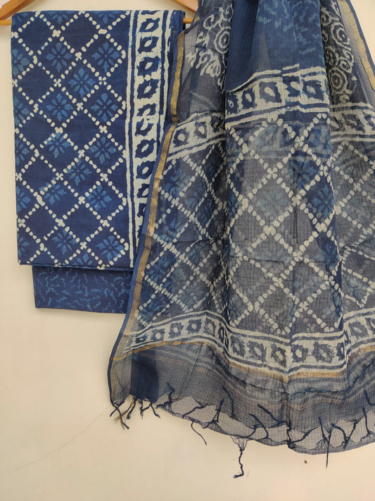 (DABU) Hand Block Printed Cotton Suit with Cotton Kota Doria dupattaa
