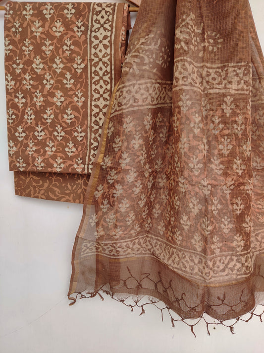 (DABU) Hand Block Printed Cotton Suit with Cotton Kota Doria dupattaa