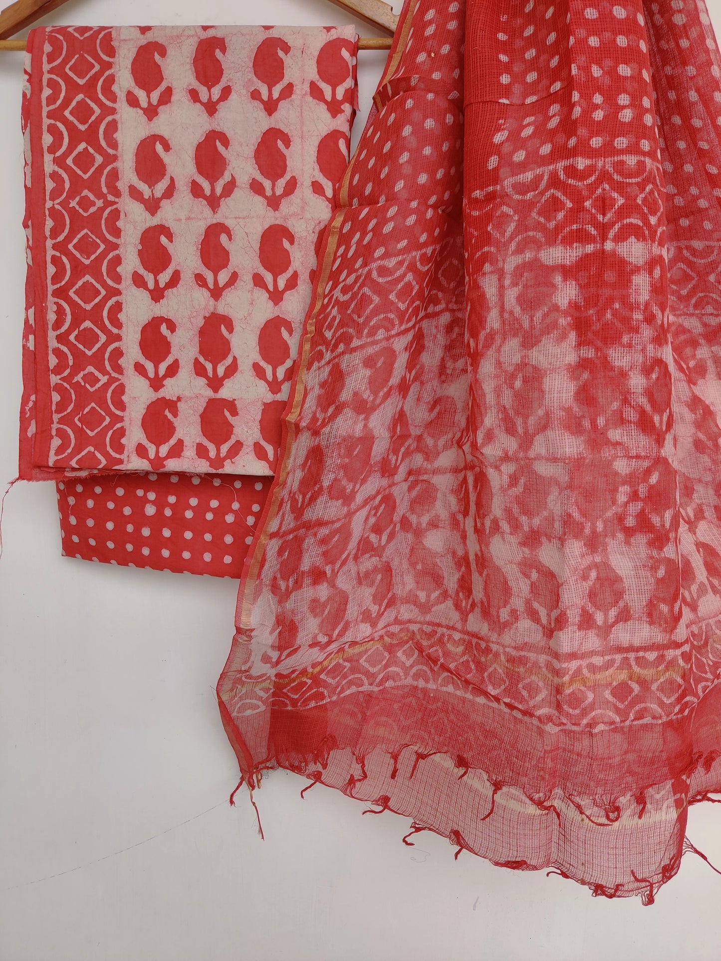 (DABU) Hand Block Printed Cotton Suit with Cotton Kota Doria dupattaa