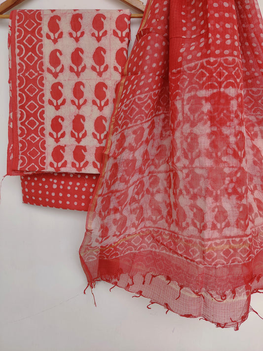 (DABU) Hand Block Printed Cotton Suit with Cotton Kota Doria dupattaa