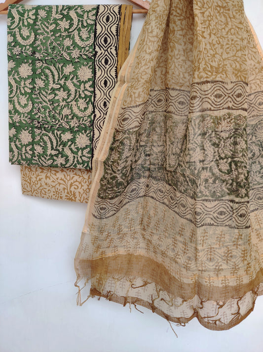 (KALAMKARI) Hand Block Printed Cotton Suit with Cotton Kota Doria dupattaa