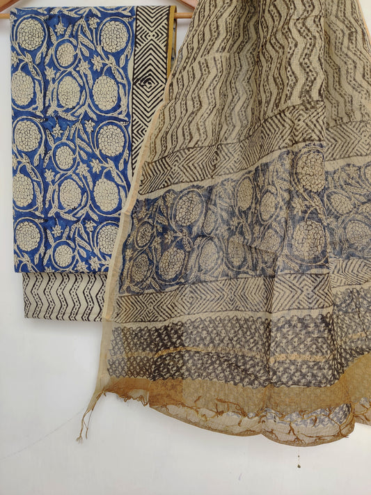 (KALAMKARI) Hand Block Printed Cotton Suit with Cotton Kota Doria dupattaa