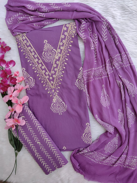 FLORAL PRINTED COTTON GOTA PATTI SUIT WITH CHIFFON DUPATTA