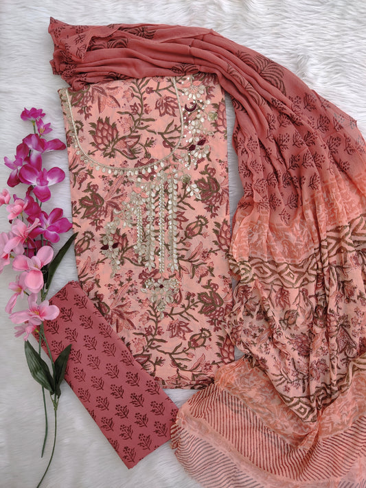 FLORAL PRINTED COTTON GOTA PATTI SUIT WITH CHIFFON DUPATTA