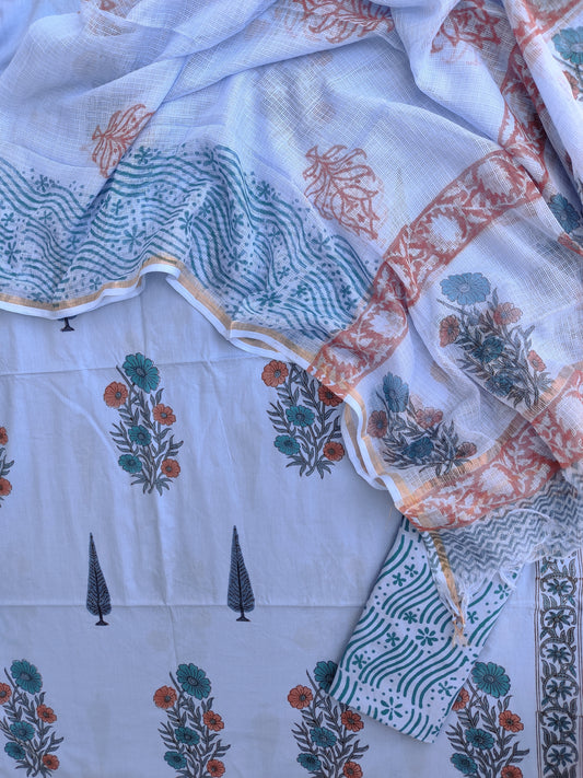 Hand Block Printed Cotton Suit with Cotton Kota Doria dupatta