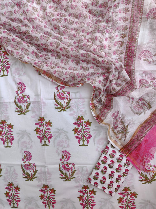 Hand Block Printed Cotton Suit with Cotton Kota Doria dupatta