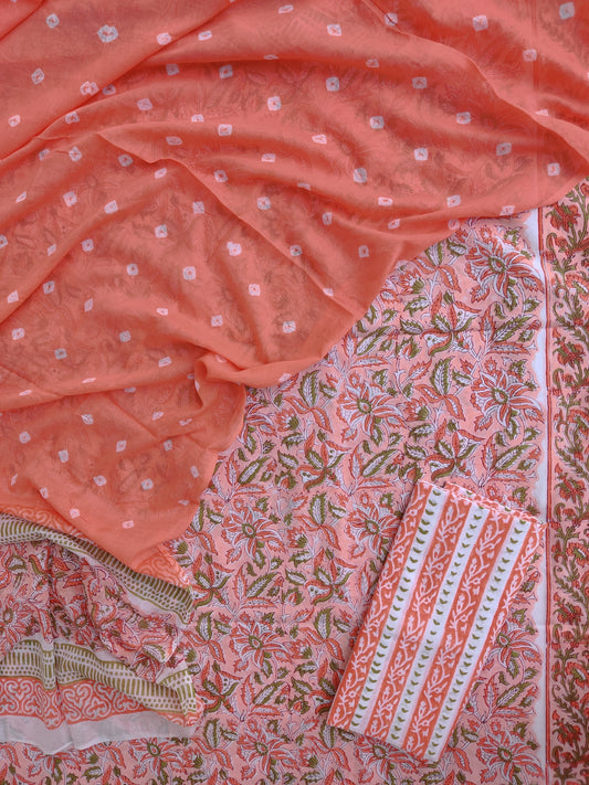 Hand Block Printed Cotton Suits with Mulmul Bandhej Dupatta