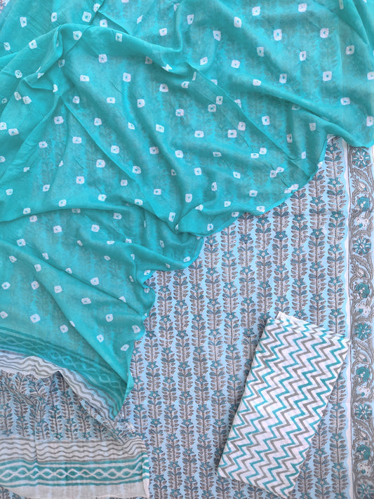 Hand Block Printed Cotton Suits with Mulmul Bandhej Dupatta