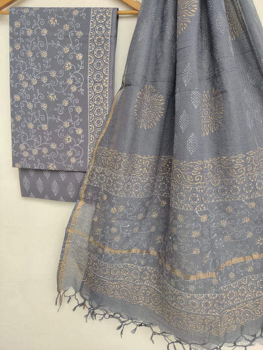 (KHADI GOLD) Hand Block Printed Cotton Suit with Cotton Kota Doria dupatta