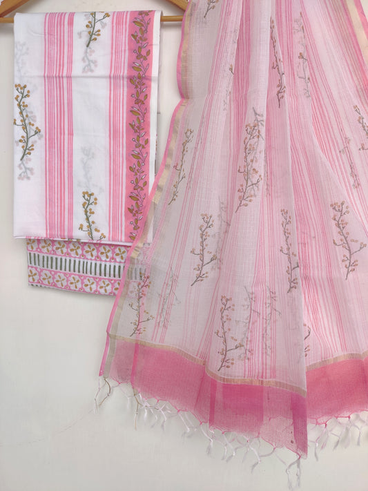Hand Block Printed Cotton Suit with Cotton Kota Doria dupatta