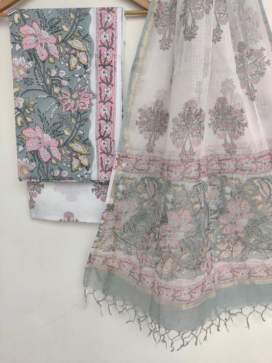 Hand Block Printed Cotton Suit with Cotton Kota Doria dupatta6