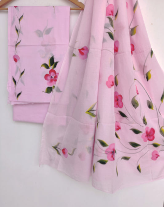 HAND PAINT Cotton Suit with Mulmul dupatta