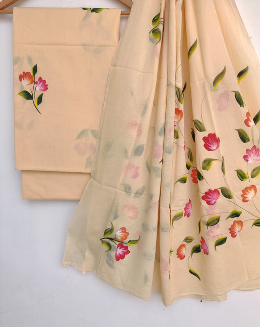 HAND PAINT Cotton Suit with Mulmul dupatta