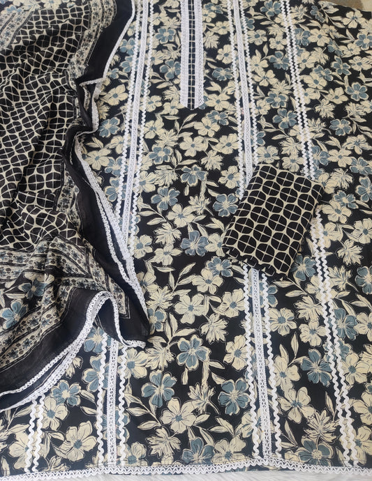 JAIPURI PRINTED CROCHET NECK WORK SUITS WITH MULMUL DUPATTA