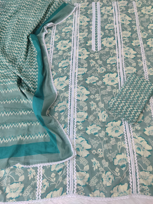 JAIPURI PRINTED CROCHET NECK WORK SUITS WITH MULMUL DUPATTA