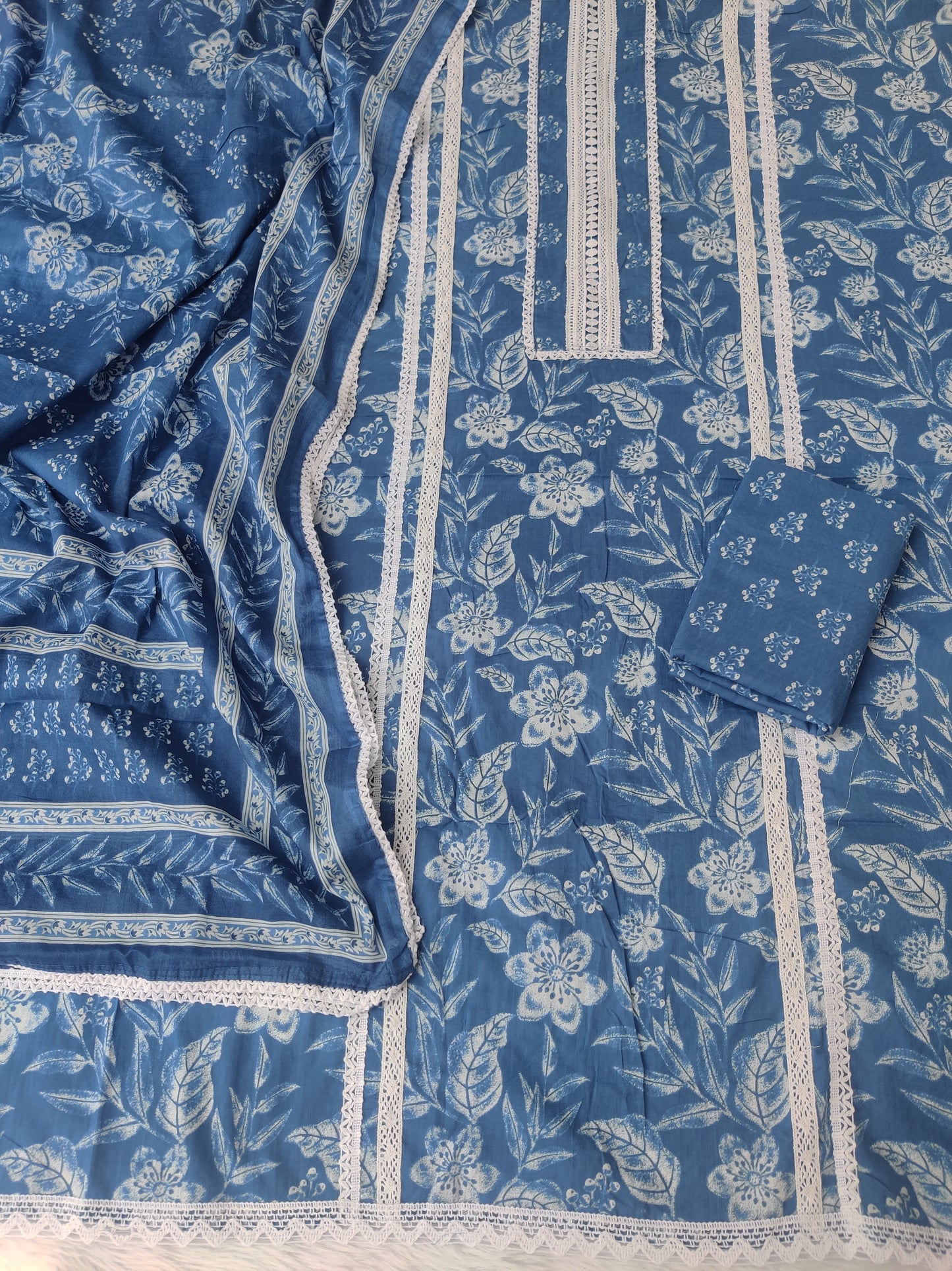 JAIPURI PRINTED CROCHET NECK WORK SUITS WITH MULMUL DUPATTA