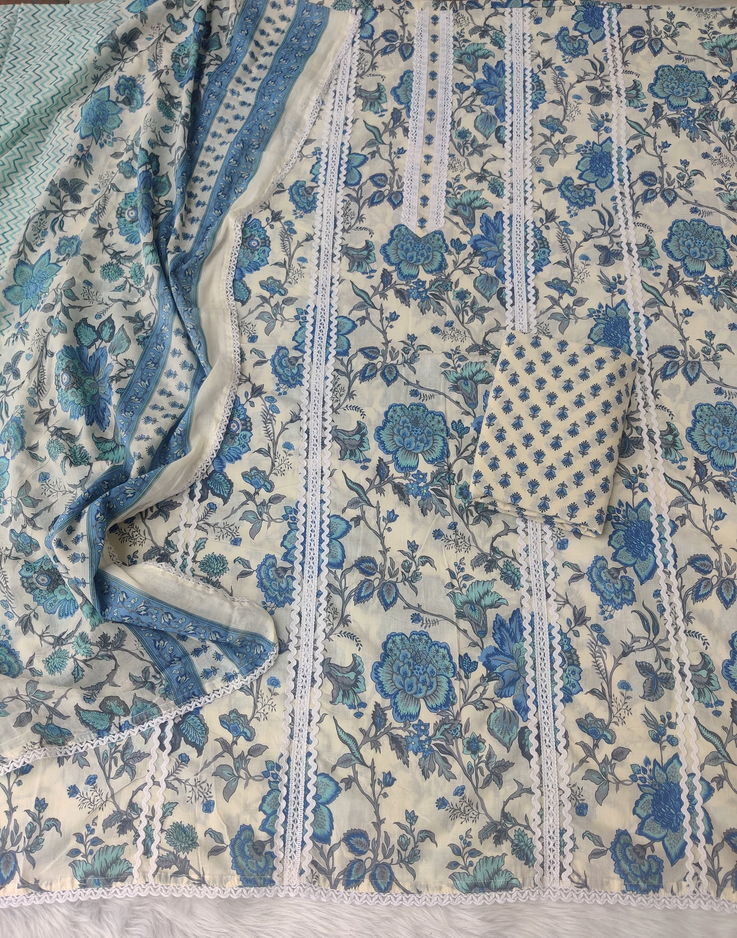 JAIPURI PRINTED CROCHET NECK WORK SUITS WITH MULMUL DUPATTA