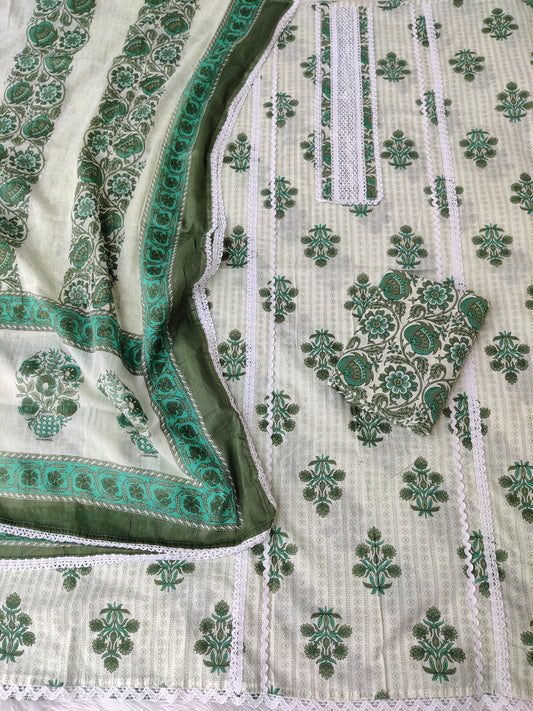 JAIPURI PRINTED CROCHET NECK WORK SUITS WITH MULMUL DUPATTA